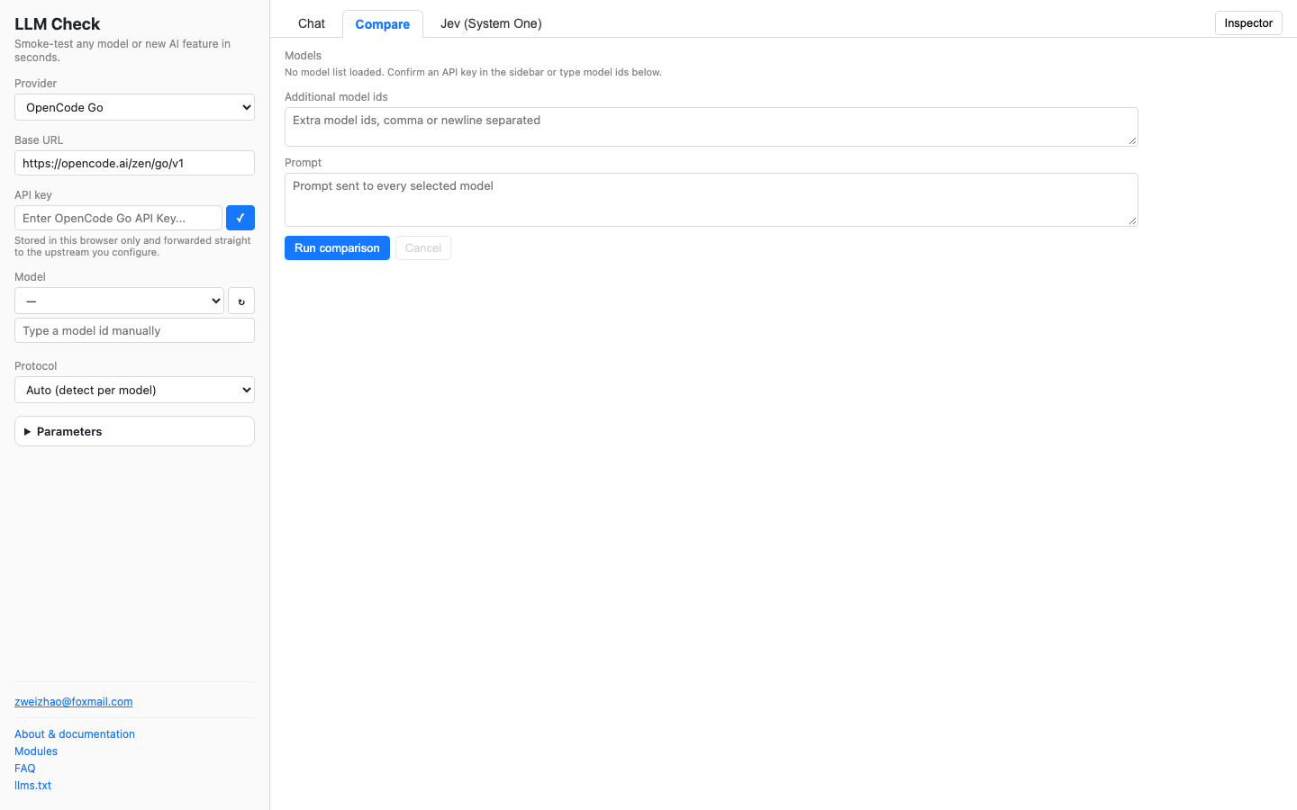 Compare module in LLM Check: a list of models to tick, a field for extra model ids, one shared prompt box and a Run comparison button