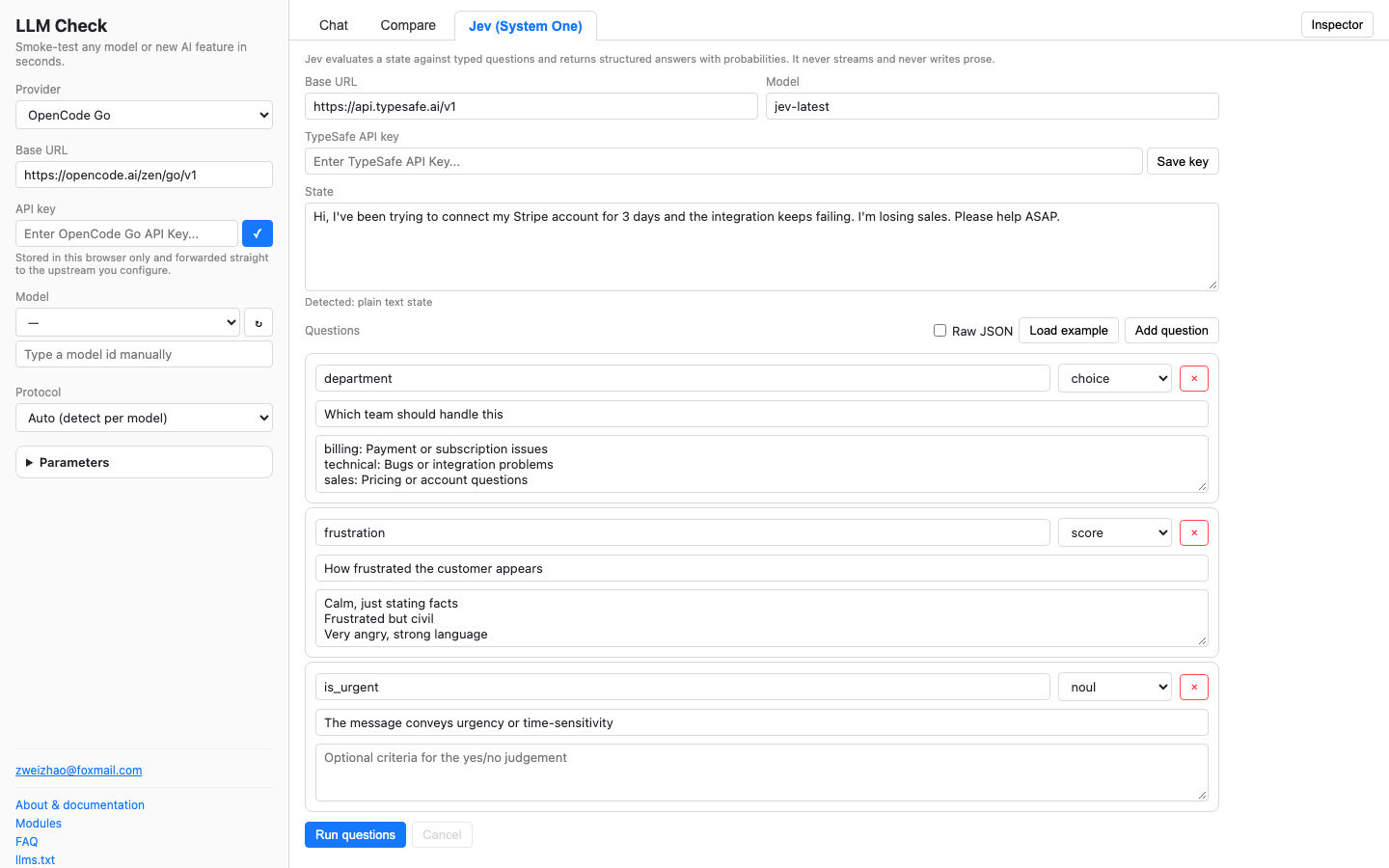 Jev module in LLM Check: a state text box plus a choice question, a score question and a noul question with their criteria