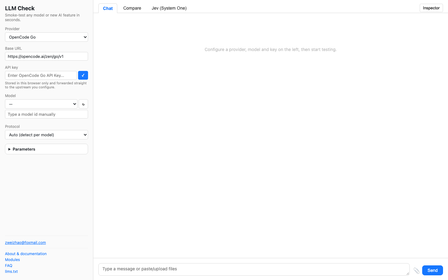 LLM Check running in a browser: the provider, key, model and parameter sidebar on the left and the chat panel with a message box on the right